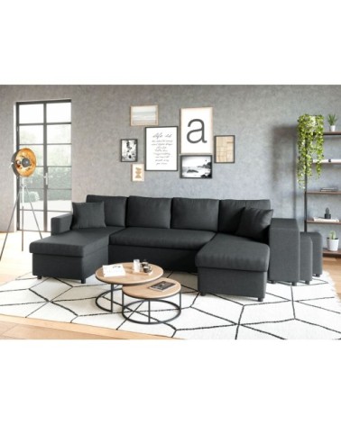 Canapé d'angle panoramique avec poufs en tissu - gris foncé