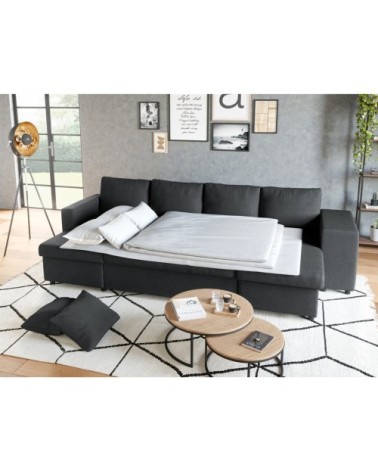 Canapé d'angle panoramique avec poufs en tissu - gris foncé