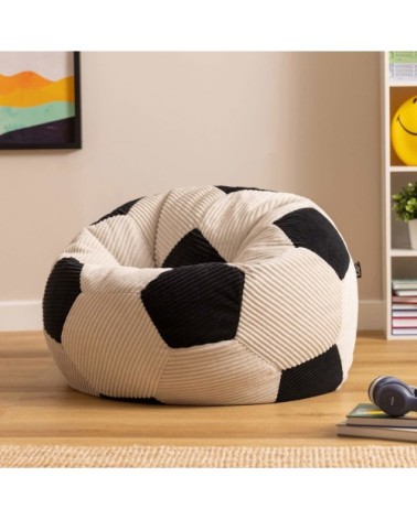 Pouf classique large enfant en velours côtelé imprimé football, noir