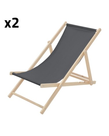 Lot de 2 chaises longues pliantes bois et tissu anthracite 3 positions