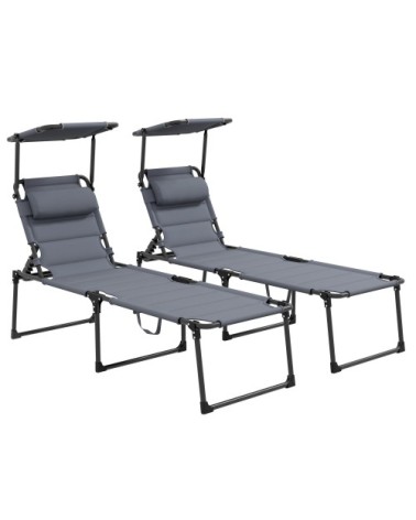Lot de 2 bains de soleil pliables réglables avec pare-soleil gris