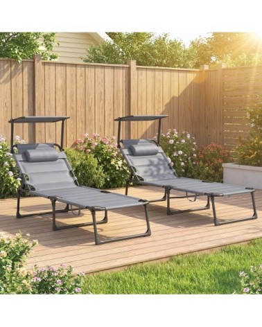 Lot de 2 bains de soleil pliables réglables avec pare-soleil gris