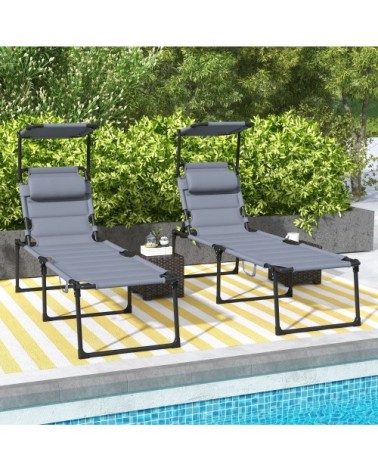 Lot de 2 bains de soleil pliables réglables avec pare-soleil gris