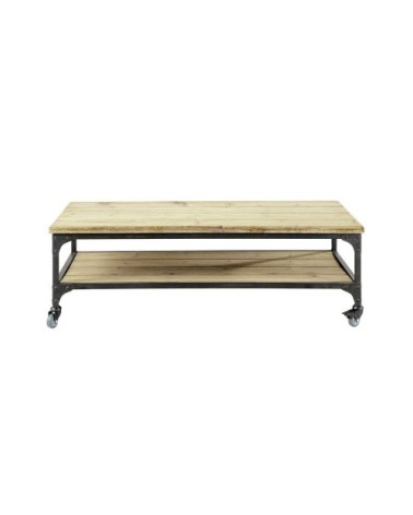 Table basse industrielle à roulettes en bois de sapin et métal