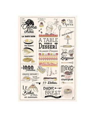 Torchon les desserts français en coton écru 48 x 72