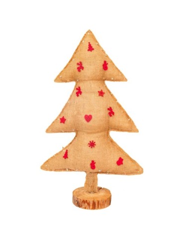 Sapin de noël lumineux en toile de jute avec sujets en bois rouge 70cm