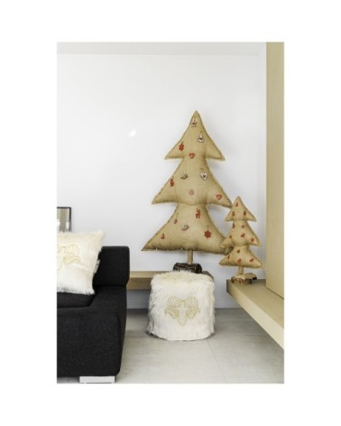 Sapin de noël lumineux en toile de jute avec sujets en bois rouge 70cm