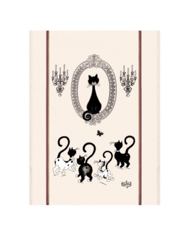 Grand torchon dubout portrait de chat en coton écru 60 x 80