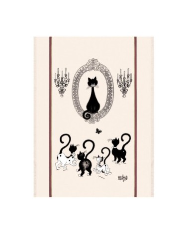 Grand torchon dubout portrait de chat en coton écru 60 x 80