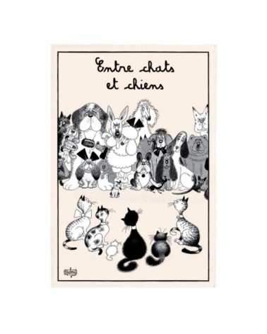 Torchon dubout entre chats et chiens en coton écru 48 x 72