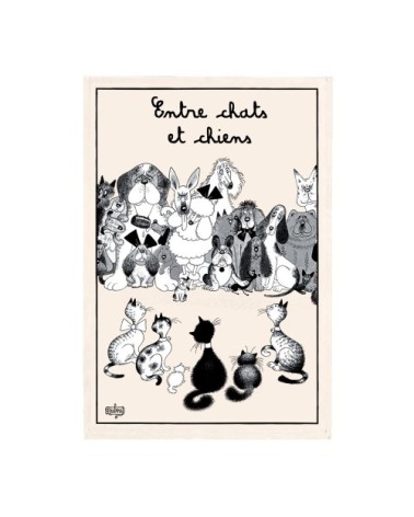 Torchon dubout entre chats et chiens en coton écru 48 x 72
