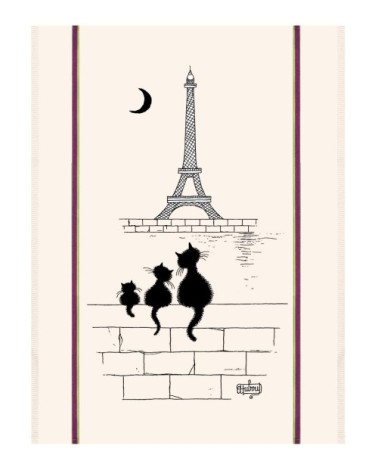 Grand torchon dubout chats tour eiffel en coton écru 60 x 80