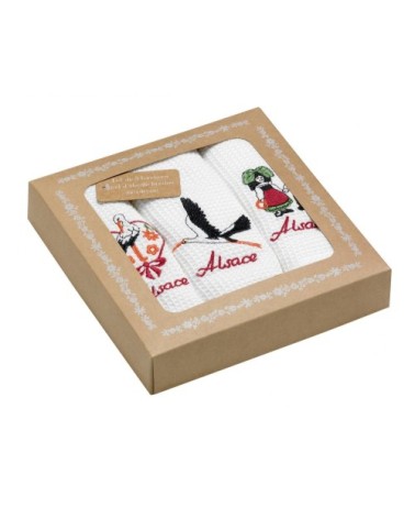 Lot de 3 torchons nid d'abeilles alsace brodés blanc 40 x 60