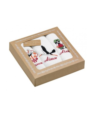 Lot de 3 torchons nid d'abeilles alsace brodés blanc 40 x 60
