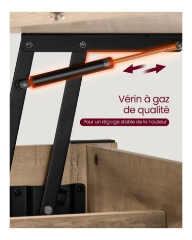Table basse relevable vérin à gaz 2 tiroirs et 3 compartiments marron