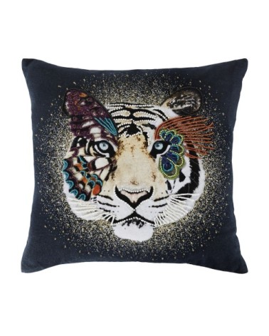 Coussin en coton multicolore imprimé tête de tigre perles brodées main 45x45