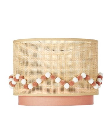 Abat-jour pour suspension rose cannage en rotin beige avec pompons