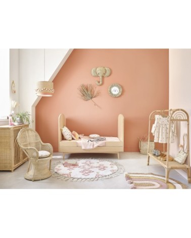 Abat-jour pour suspension rose cannage en rotin beige avec pompons