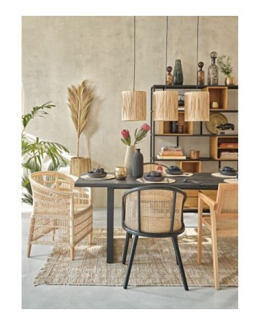 Suspension en métal noir 3 abat-jours en raphia