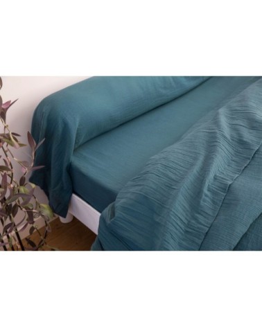Drap-housse 140x190 en gaze de coton bleu canard