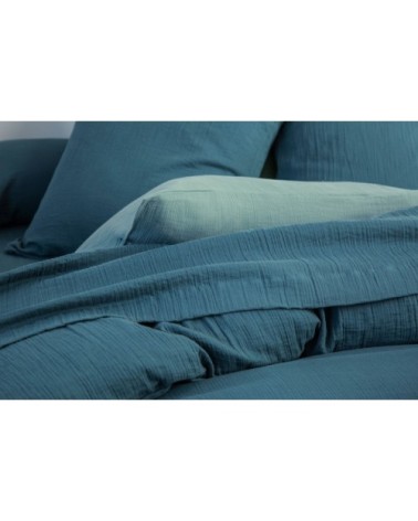 Drap-housse 160x200 en gaze de coton bleu canard