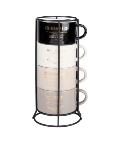 Tasses en faïence noire, crème et beige (x4) et support en métal