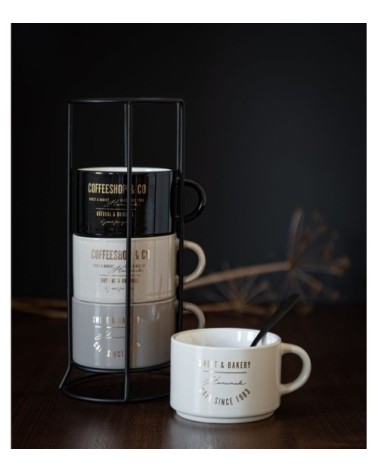 Tasses en faïence noire, crème et beige (x4) et support en métal