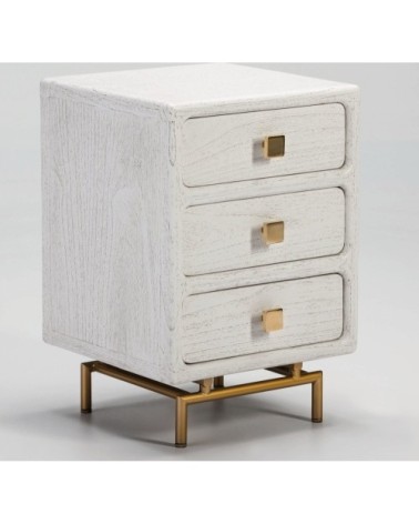 Table de chevet 3 tiroirs en bois cérusé blanc et doré