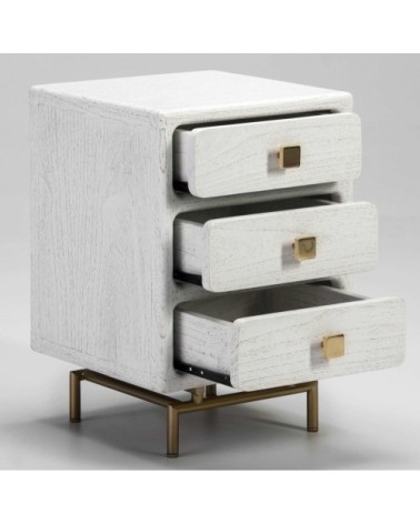 Table de chevet 3 tiroirs en bois cérusé blanc et doré