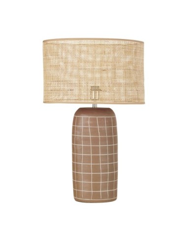Lampe en céramique terracota quadrillée et abat-jour en rabanne