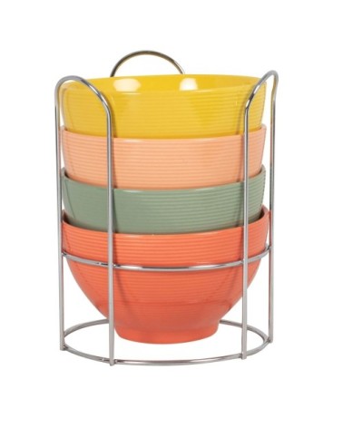 Bols en grès orange, vert et jaune (x4) et support en métal argenté