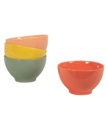 Bols en grès orange, vert et jaune (x4) et support en métal argenté