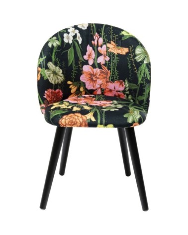 Chaise en tissu noir imprimés fleurs et pin