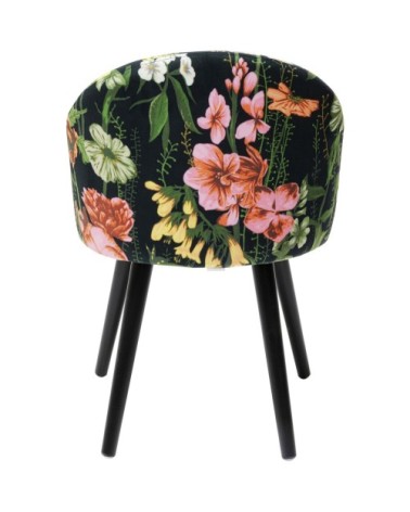 Chaise en tissu noir imprimés fleurs et pin