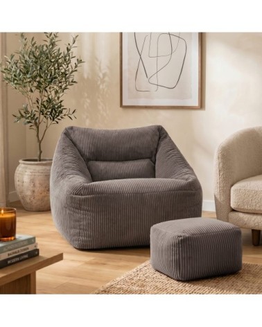 Pouf fauteuil avec repose-pied carré velours côtelé gris anthracite