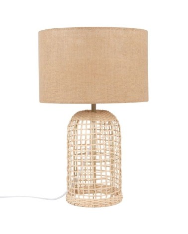 Lampe en rotin tressé et abat-jour en lin beige