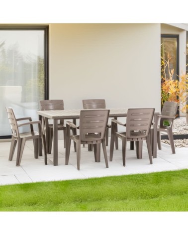 Ensemble table rectangulaire 180x90 cm et 6 chaises en résine taupe