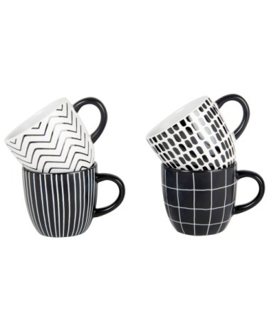 Tasses en grès noir et blanc motifs graphiques (x4) support en métal noir