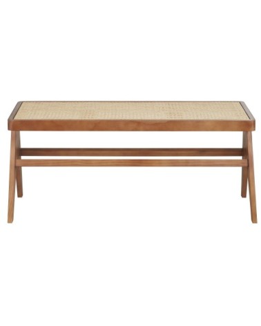 Banc en bois de pin et cannage en rotin beige