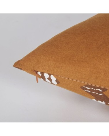 Coussin en coton caramel imprimé écru 45x45