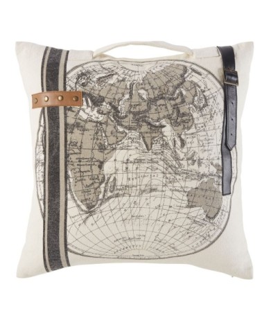 Coussin en coton beige imprimé carte du monde et cuir 45x45