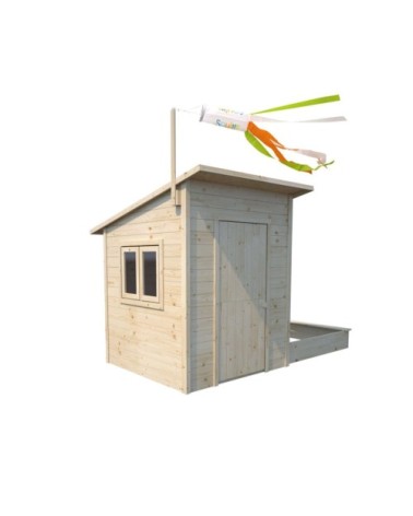 Maisonnette en bois avec bac à sable et manche à vent décoratif