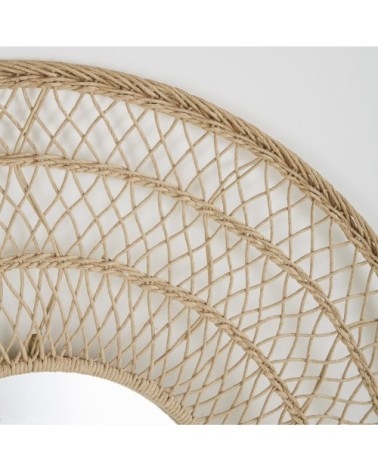 Miroir rond en métal et papier tressé beige D110