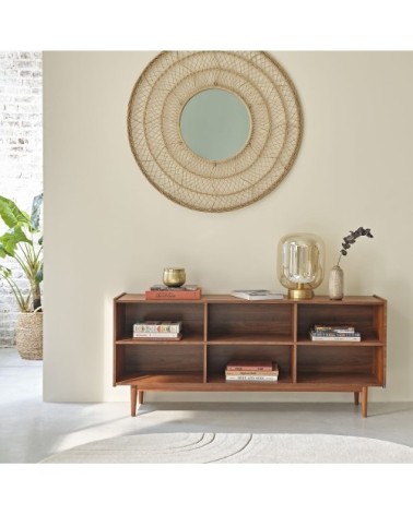 Miroir rond en métal et papier tressé beige D110