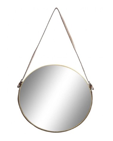 Miroir métal doré suspendu lanière similicuir marron