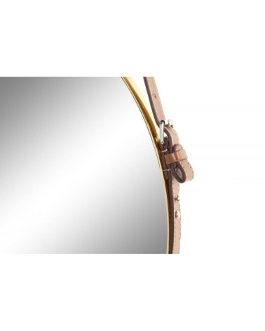 Miroir métal doré suspendu lanière similicuir marron