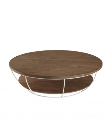 Table basse coque 2 plateaux en teck recyclé métal blanc D120