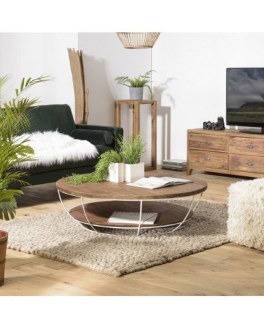 Table basse coque 2 plateaux en teck recyclé métal blanc D120