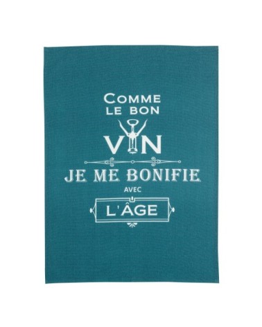 Torchon message comme le bon vin en coton paon 70 x 50