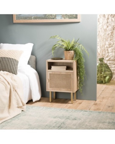 Chevet 1 niche 1 porte toile de jute pieds métal doré